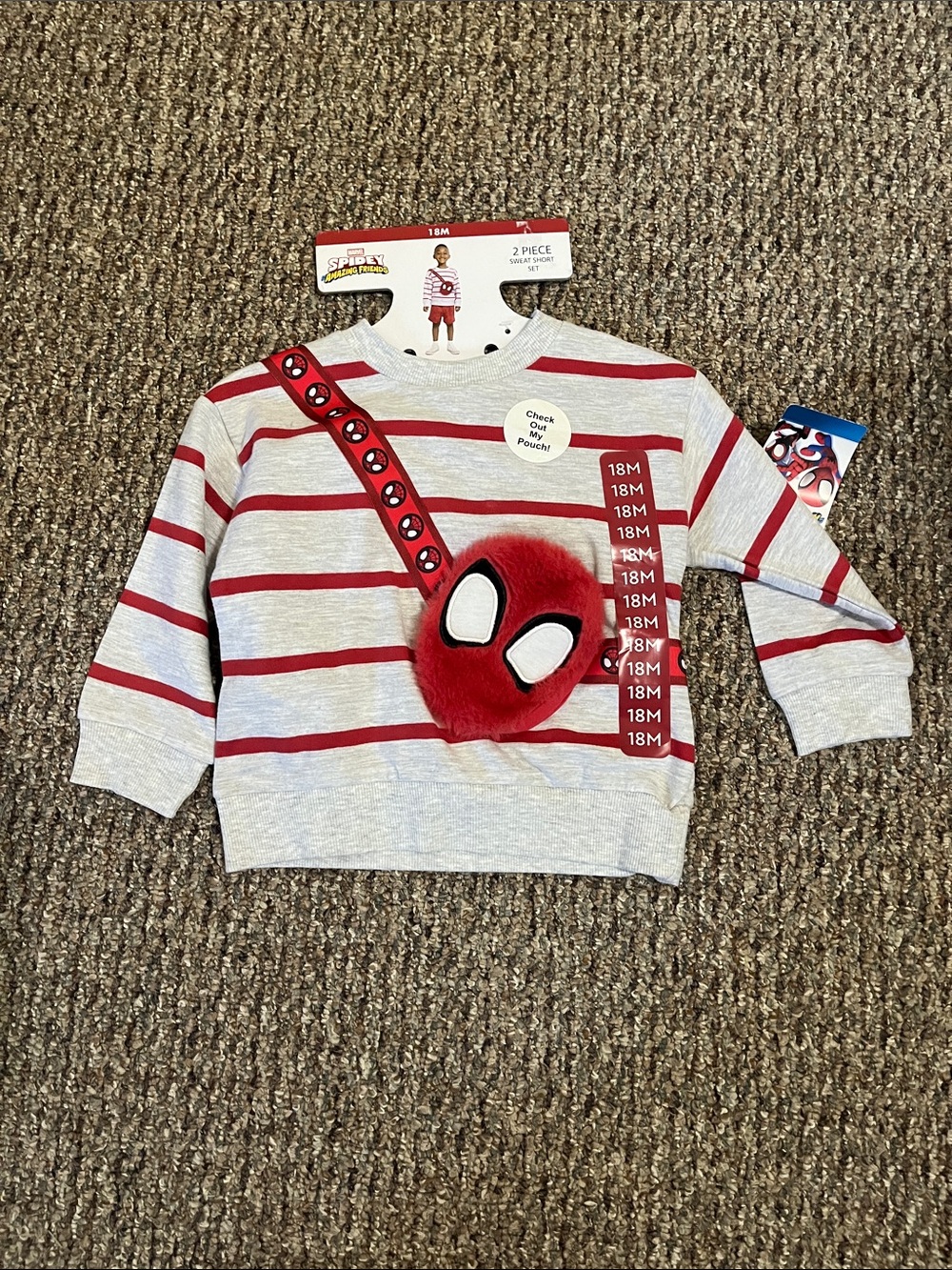 NWT Marvel Spider-Man sweater and shorts with a plush Spider Pouch